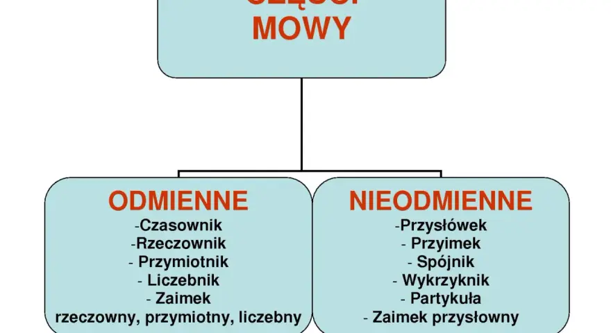 Schemat klasyfikacji części mowy dla klasy 4: odmienne (czasownik, rzeczownik, przymiotnik, liczebnik, zaimek) i nieodmienne (przysłówek, przyimek, spójnik, wykrzyknik, partykuła, zaimek przysłowny).