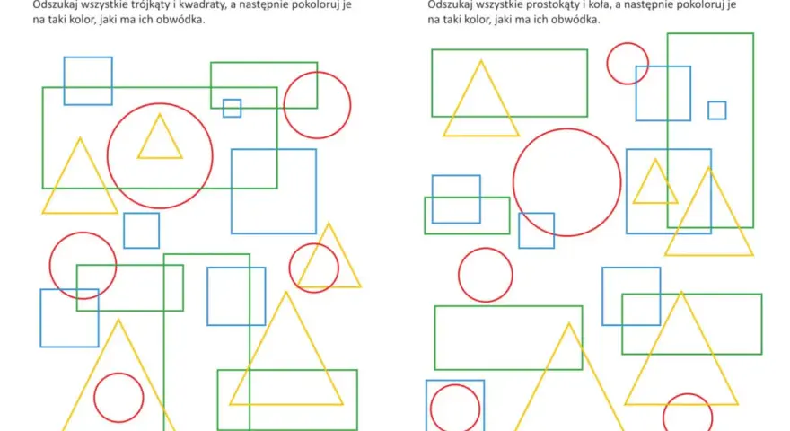 Zadania z geometrii klasa 3 do druku: koloruj figury zgodnie z kolorem ich obwódki.