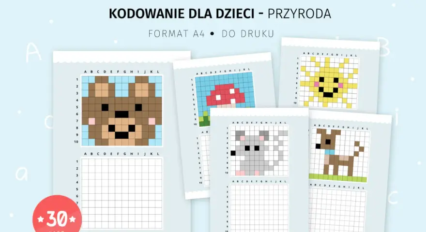 Karty pracy do kodowania dla dzieci: miś, grzyb, słońce, myszka, piesek. Idealne do nauki przez zabawę.