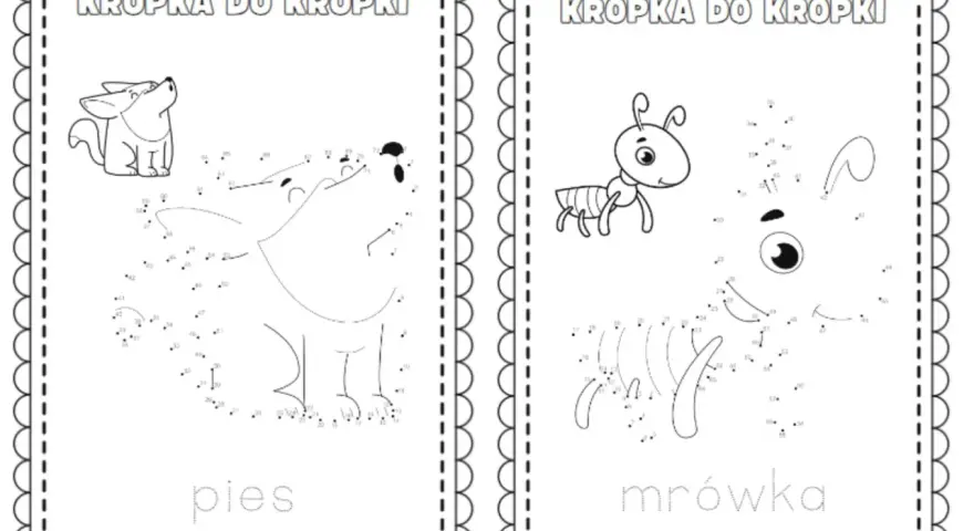 Dwa obrazki do rysowania po kropkach: pies i mrówka. Dzieci łączą punkty, by stworzyć zwierzątka.