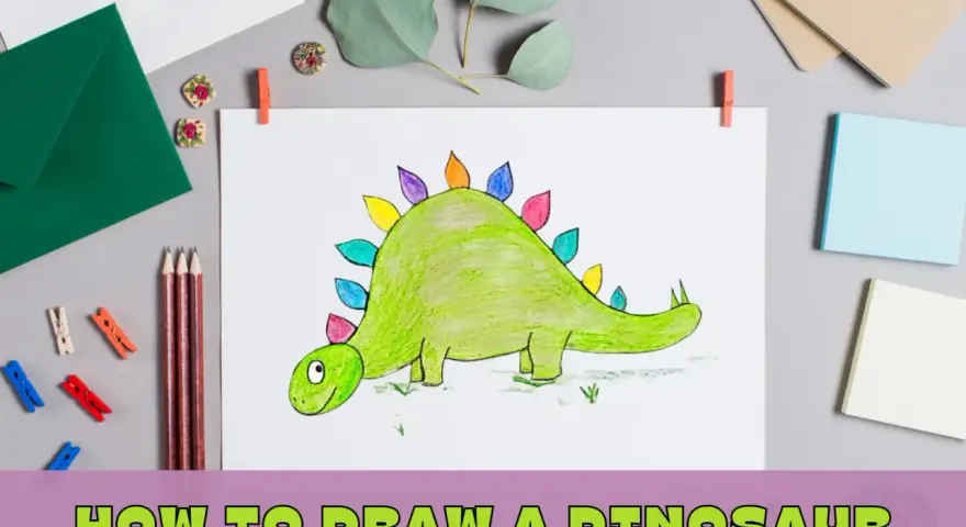 Kolorowy dinozaur na rysunku, obok kredki i kopert. Podpis "Jak narysować dinozaura" sugeruje instrukcję.