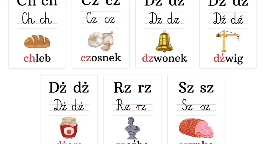 Karty pracy z dwuznakami: chleb, czosnek, dzwonek, dźwig, dżem, rzeźba, szynka.