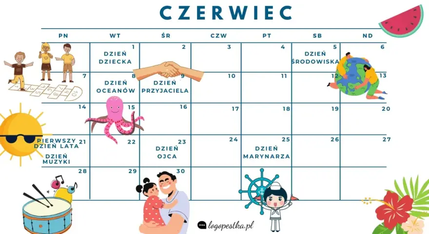 Czerwiec pełen atrakcji! Kalendarz świąt nietypowych dla dzieci: Dzień Dziecka, Oceanów, Przyjaciela, Środowiska, Muzyki, Ojca i Marynarza.