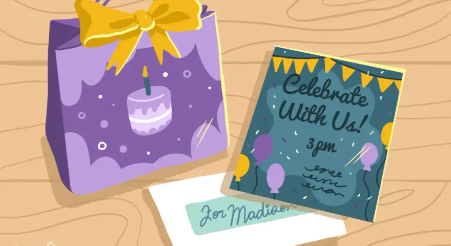 Uroczy zaproszenie na urodziny szablon z fioletową torbą prezentową i kartką "Celebrate With Us!".