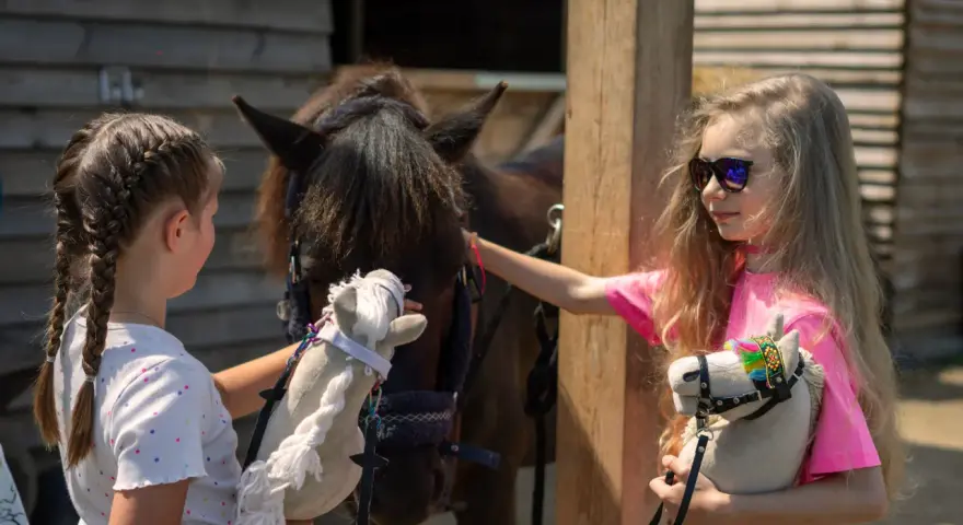 Dwie dziewczynki bawią się pluszowymi końmi. Jedna z nich głaszcze prawdziwego konia, a druga trzyma swojego hobby horse.