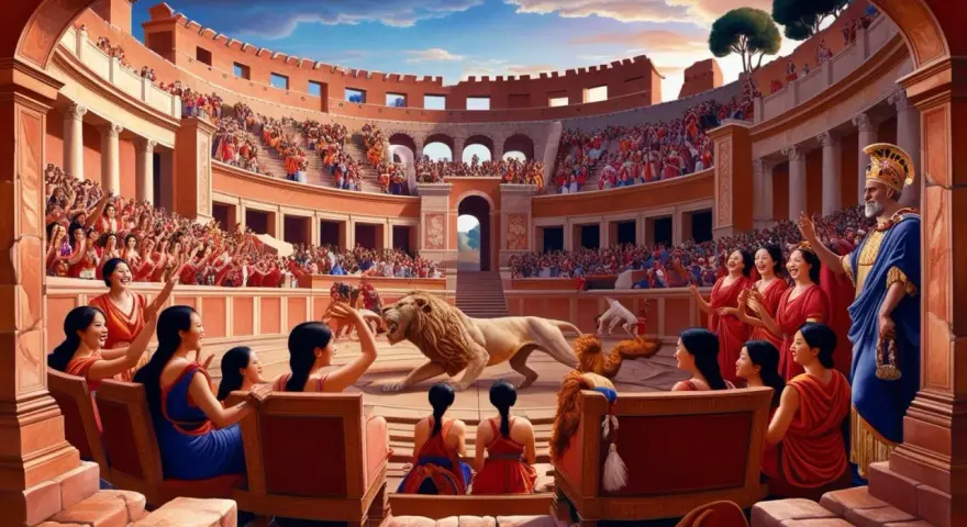 Arena pełna widzów, lew na piasku. Scena z filmu "Quo Vadis" - streszczenie szczegółowe.