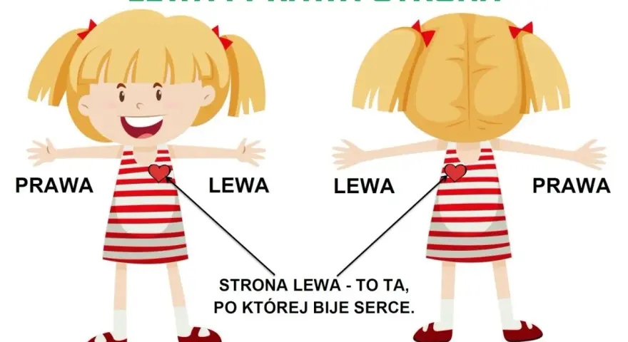 Karta pracy dla klasy 1: dziewczynka pokazuje prawą i lewą stronę. Lewa strona to ta, po której bije serce.