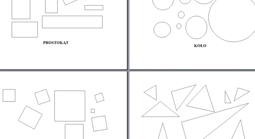 Karta pracy figury geometryczne: prostokąty, koła, kwadraty i trójkąty.