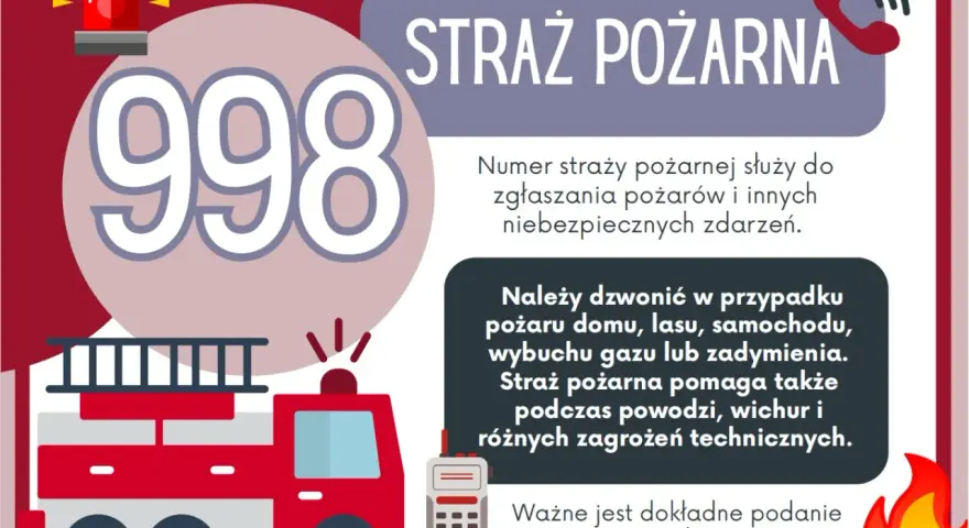 Numer alarmowy 998 dla dzieci. Straż pożarna ratuje w pożarach, powodziach i innych niebezpiecznych sytuacjach.