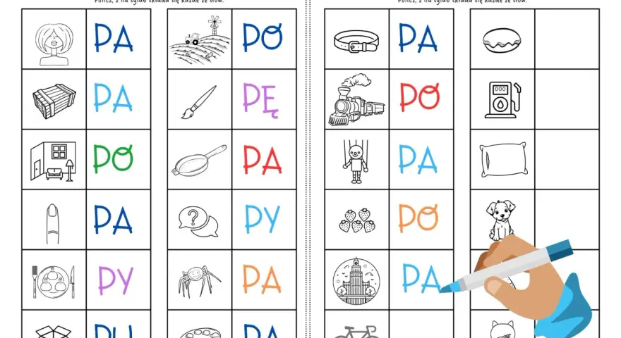 Zabawa z sylabami: "PA", "PO", "PE", "PY", "PU" dla dzieci. Obrazki pomagają w nauce czytania.