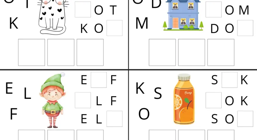 Układanie zdań rozsypanki wyrazowe do wydruku: kot, dom, elf, sok. Dzieci uzupełniają brakujące litery.