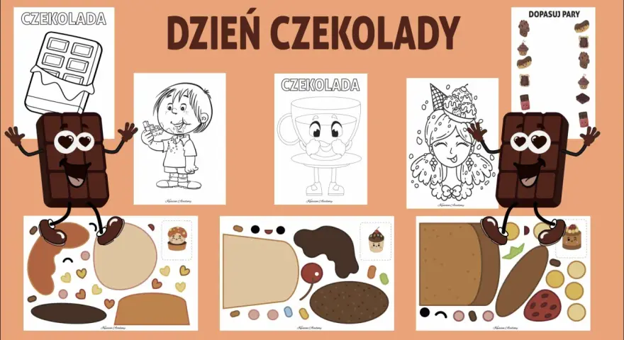 Zabawy z czekoladą w przedszkolu: kolorowanki, wycinanki i dopasowywanie par. Idealne na dzień czekolady!