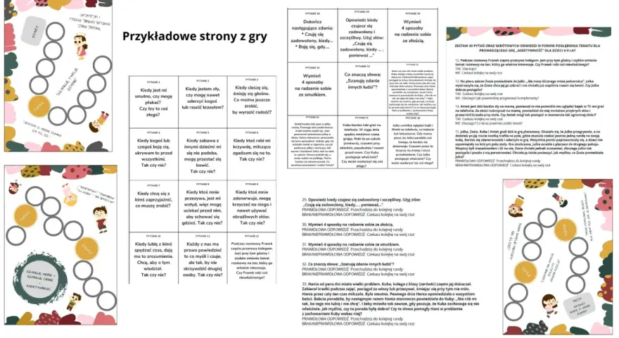 Zestaw zadań dla 8 latka do druku: plansza gry z pytaniami o emocjach i relacjach, zachęcająca do rozmowy i nauki.