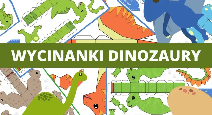 Wzory do wycinania i składania, jak zrobić dinozaura z kartonu. Kolorowe szablony z różnymi prehistorycznymi stworzeniami.