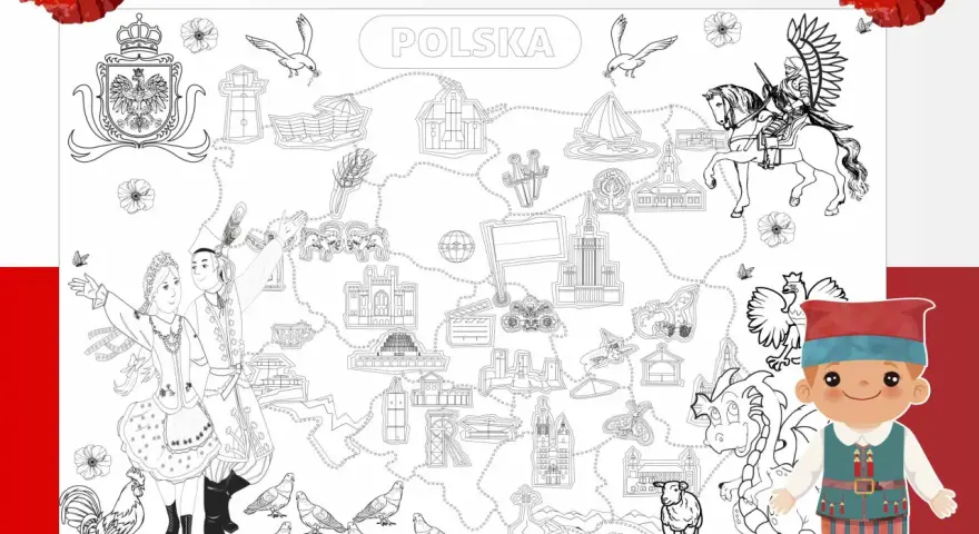 Wielka mapa Polski do pokolorowania, pełna zabytków, postaci i symboli narodowych. Idealna do nauki i zabawy, te kolorowanki XXL do druku przeniosą Cię w podróż po kraju.
