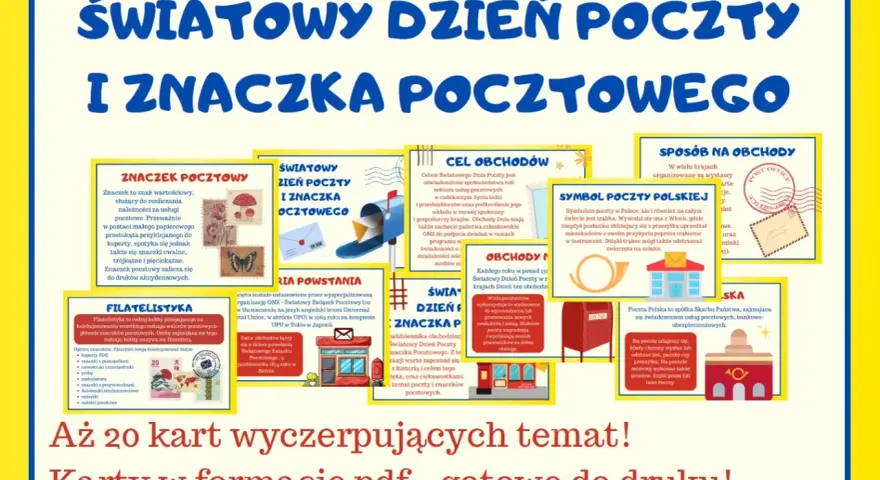 Światowy Dzień Poczty i Znaczka Pocztowego. Obrazek przedstawia elementy związane z pocztą, znaczki, skrzynkę pocztową i pocztę.