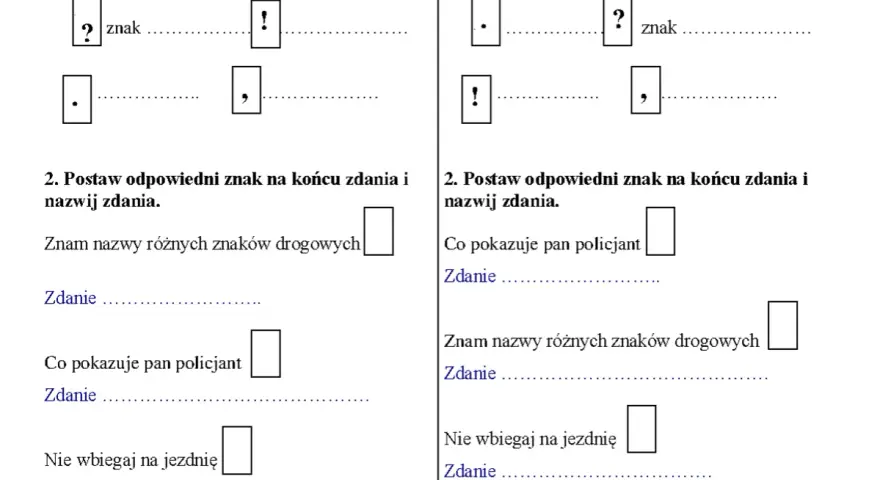 Ćwiczenie dla klasy 3: nazwij znaki i postaw odpowiedni znak na końcu zdania. Przykłady wyrazów bliskoznacznych.