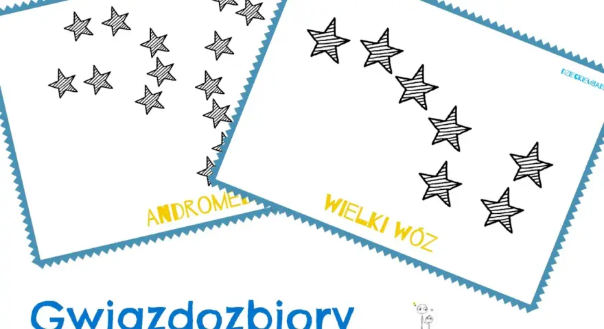 Uczymy się gwiazdozbiorów dla dzieci: Andromedy i Wielkiego Wozu. Proste rysunki gwiazd zachęcają do odkrywania kosmosu.