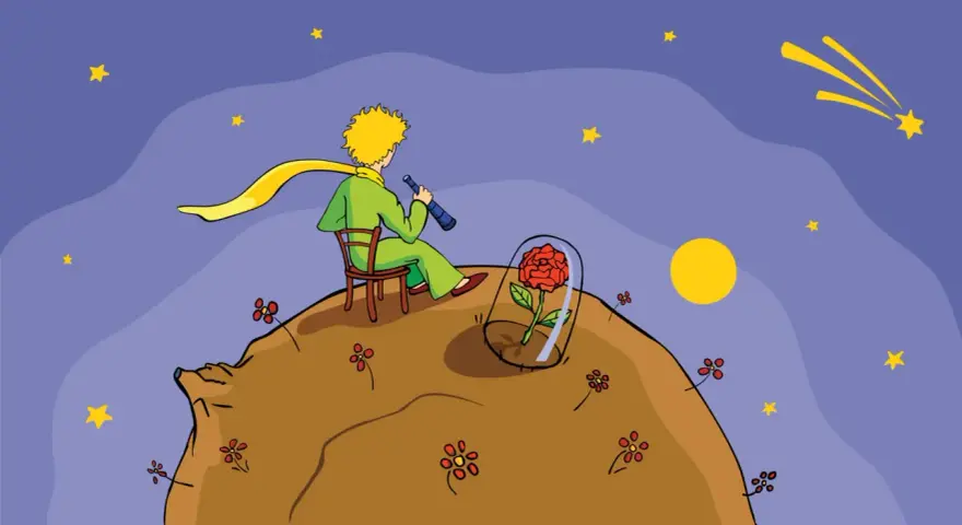 Mały Książę siedzi na asteroidzie, patrząc przez lunetę na swoją różę. Samotność cytaty Mały Książę.