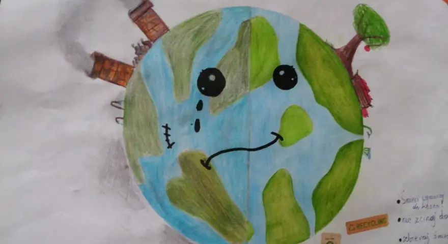 Plakat "Dba o Ziemię" pokazuje smutną planetę z kominami fabryk i radosną z drzewem. Inspiracja, jak zrobić plakat na Dzień Ziemi.
