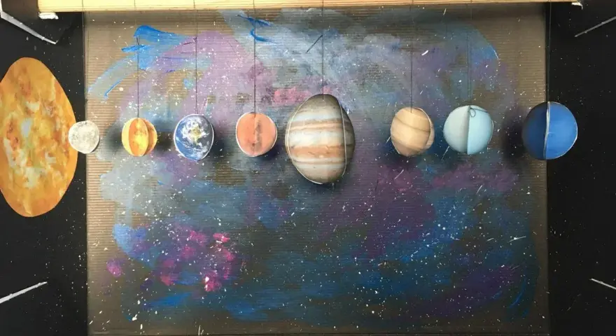 Model Układu Słonecznego, praca plastyczna z planetami wiszącymi na tle kosmicznego malowidła.