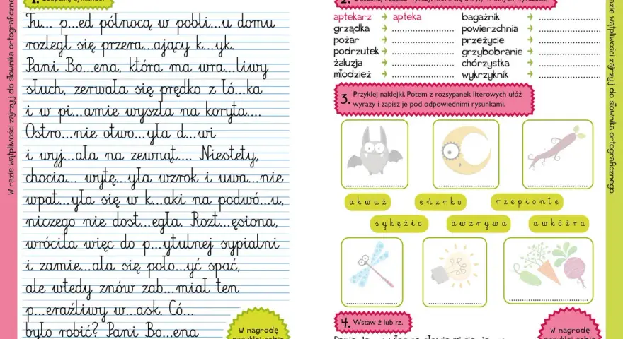 Krótkie dyktanda klasa 3: Uzupełnij tekst o Pani Bożenie, która usłyszała przerażający krzyk.