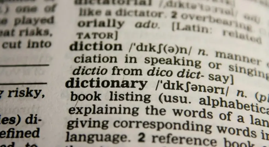 Słownik z hasłem "dictionary" i jego definicją. Idealny do nauki nowych słów, świetne wyrazy na d dla dzieci.