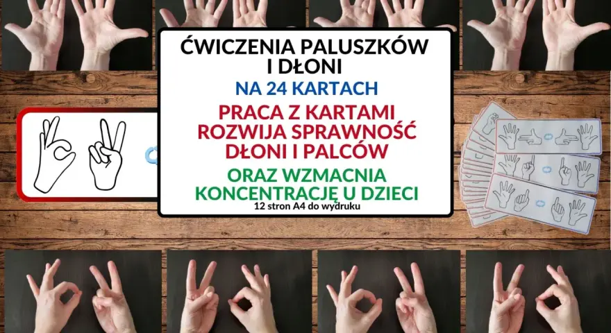 Ćwiczenia paluszków i dłoni na 24 kartach. Praca z kartami rozwija sprawność dłoni i palców, wzmacnia koncentrację u dzieci. Idealne do rozwijania motoryki małej.