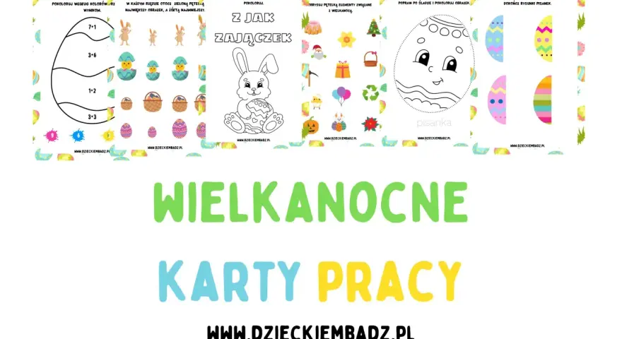 Wielkanocne karty pracy do druku: kolorowanki, zadania z króliczkiem i pisankami.
