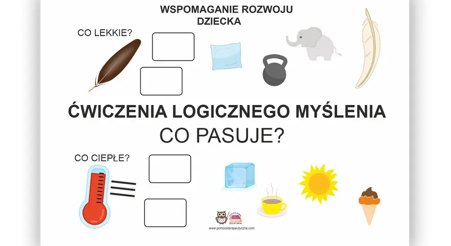 Sekwencje karty pracy: piórko, poduszka, słoń, ciężarek, pióro. Termometr, lód, słońce, kawa, lody.