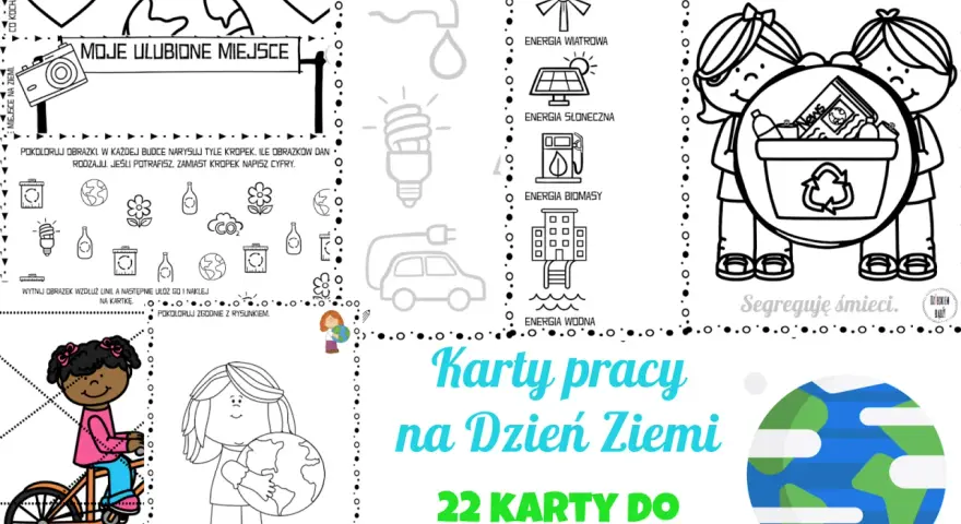 Ilustracja z kartami pracy o ekologii dla przedszkola: dzieci, Ziemia, segregacja śmieci, energia odnawialna.