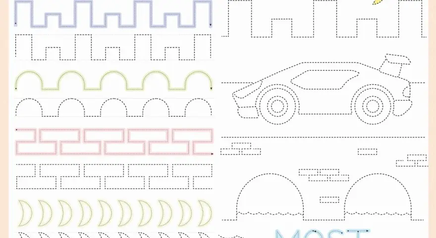Ćwiczenia grafomotoryczne dla 6 latka: szlaczki, rysowanie auta, mostu i pisanie słowa MOST.