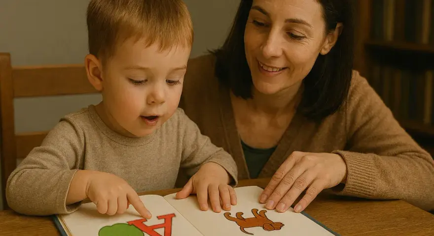 Mama uczy synka liter, wskazując paluszkiem na obrazek jabłka i literę "A". To świetny sposób, jak nauczyć dziecko liter.