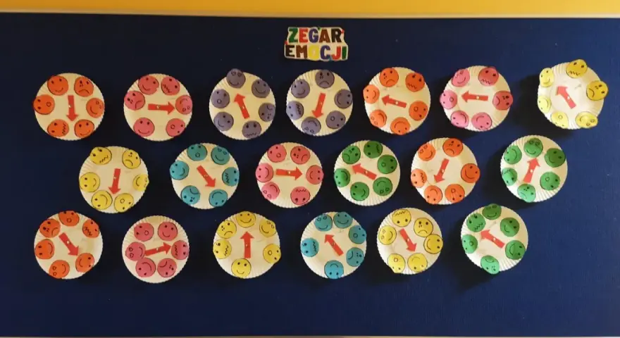 Praca plastyczna dla 3 latków: zegar emocji z uśmiechniętymi buźkami na talerzykach papierowych.
