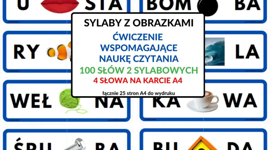 Zestaw kart do druku: sylaby z obrazkami do nauki czytania. Zawiera 100 dwusylabowych słów, 4 na karcie A4.