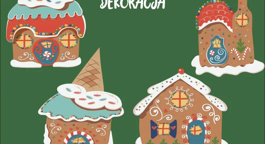 Kolorowe domki z piernika, jak z bajki, ozdobione lukrem i cukierkami. To wspaniała piernikowa praca plastyczna.