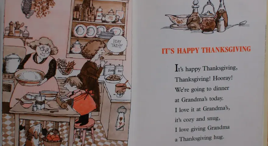 Babcia i wnuczek pieką ciasto. Wiersz "It's happy Thanksgiving" to jedne z najpiękniejszych wierszy religijnych dla dzieci.