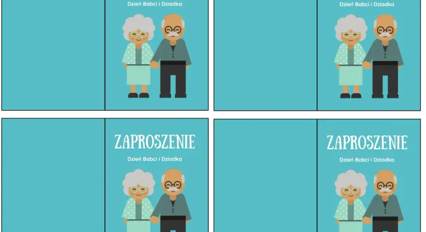 Zaproszenie na Dzień Babci i Dziadka. Uśmiechnięci dziadkowie trzymają się za ręce.