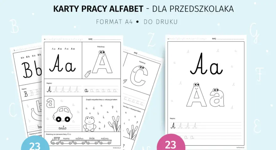 Karty pracy litery przedszkole: ćwiczenia z alfabetem, pisanie, kolorowanie liter A, B, C. Idealne dla przedszkolaków.
