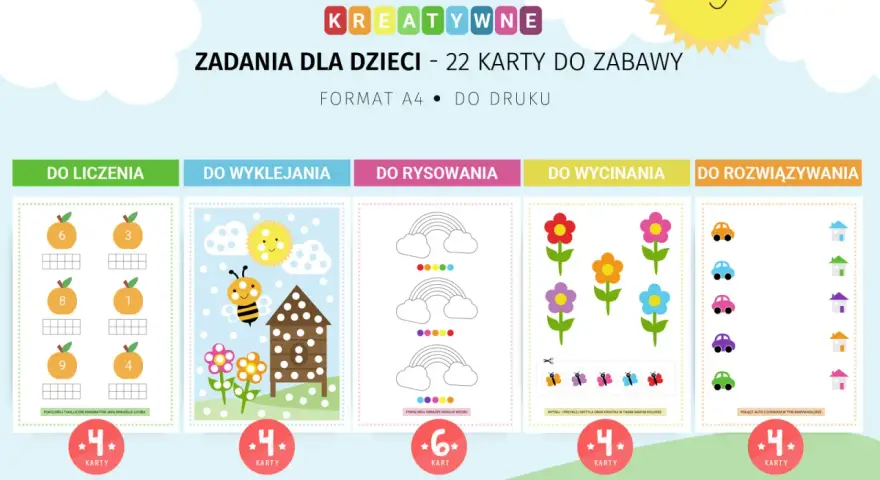 Kreatywne zadania dla 10 latka do druku: liczenie, wyklejanie, rysowanie, wycinanie i rozwiązywanie.
