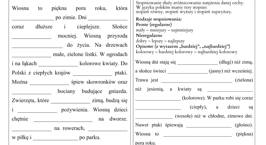 Karty pracy klasa 3 do wydruku: uzupełnij tekst o wiośnie, wpisz przymiotniki w odpowiednim stopniu.