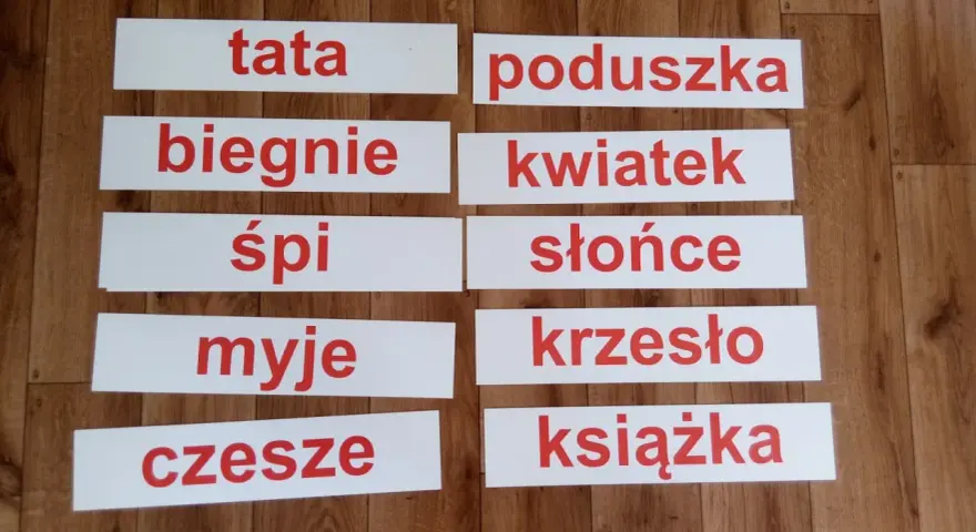 Karty do druku z wyrazami do nauki czytania globalnego: tata, biegnie, śpi, myje, czesze, poduszka, kwiatek, słońce, krzesło, książka.