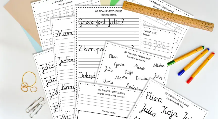 Ćwiczenia grafomotoryczne: pisanie po śladzie, zaznaczanie imion, pisanie zdań. Nauka pisania imion, np. Julia, Eliza, Kaja.