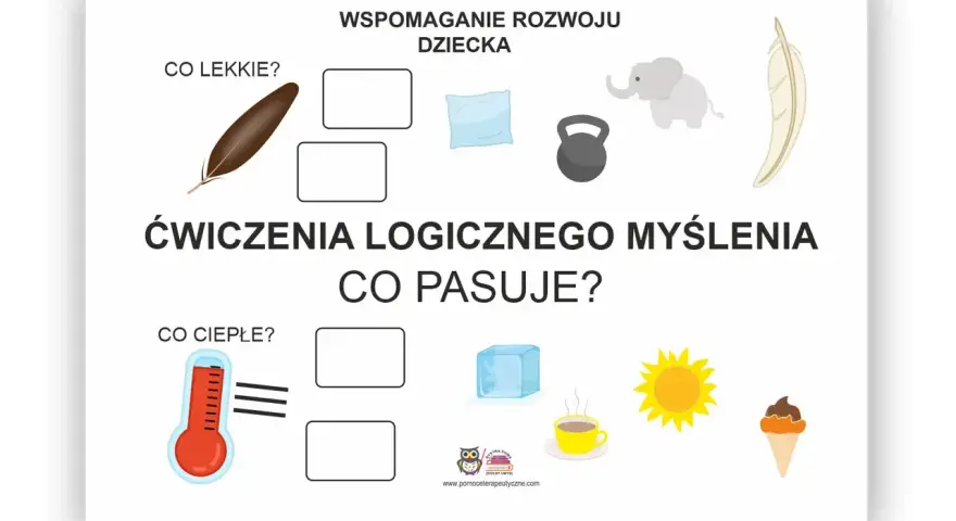 Ćwiczenia na logiczne myślenie: piórko i słoń są lekkie, termometr i słońce są ciepłe. Co pasuje?