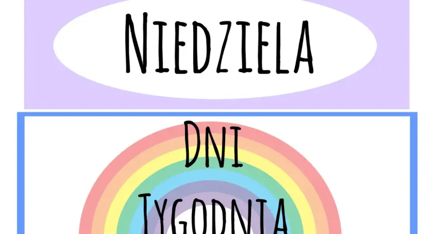 Kolorowa tęcza i napis "DNI TYGODNIA" pomagają w nauce. "Niedziela" jest dniem odpoczynku.
