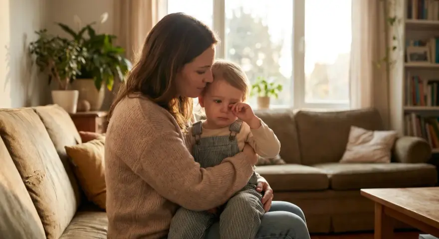 Matka pociesza płaczące dziecko, wspierając jego rozwój emocjonalny.