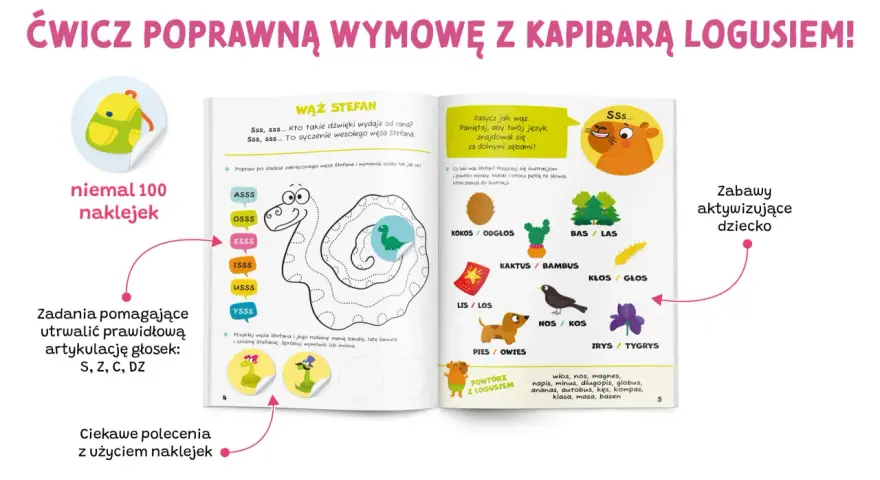 Ćwiczenia logopedyczne dla 3 latka z Logusiem: śledzenie węża Stefana, powtarzanie sylab i wyrazów, przyklejanie naklejek z rodziną węża.