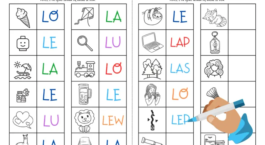 Ćwiczenie na wyrazy na ł dla dzieci. Tabela z obrazkami i sylabami do uzupełnienia, np. lalka, lew, łódka.
