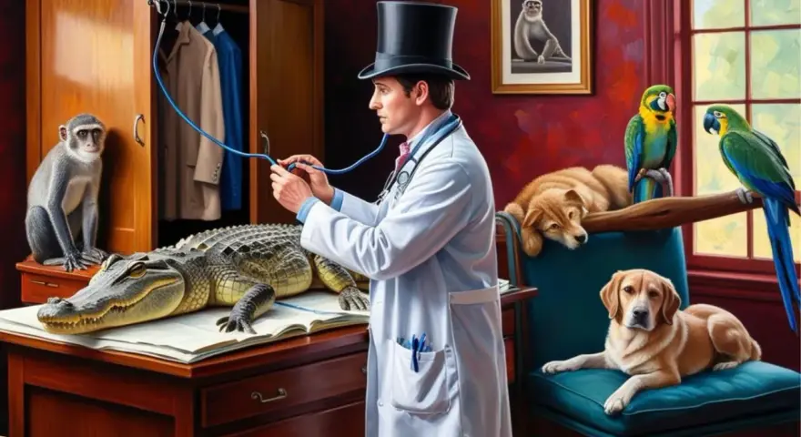 Doktor Dolittle i jego zwierzęta bohaterowie: doktor w cylindrze bada aligatora, podczas gdy małpa, dwa psy i papugi obserwują.