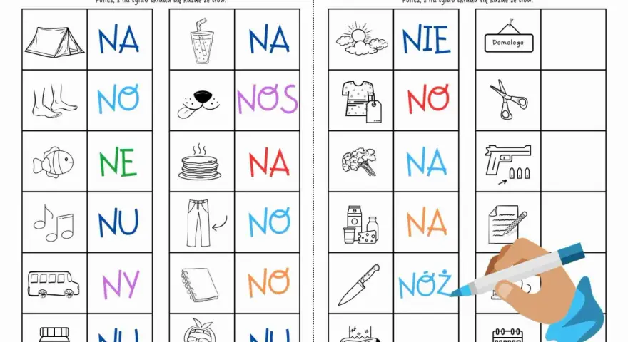 Zabawna karta pracy "Sylabowanka" z obrazkami i sylabami, idealna do nauki czytania dla dzieci.